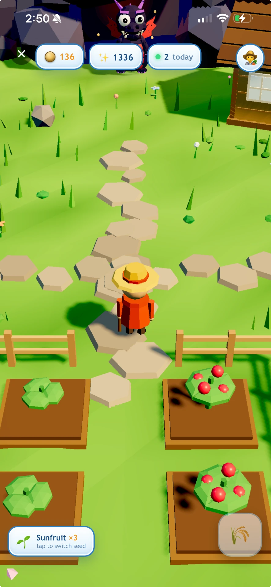 My Backyard game screen with garden plots, plants, and Ember the Dragon